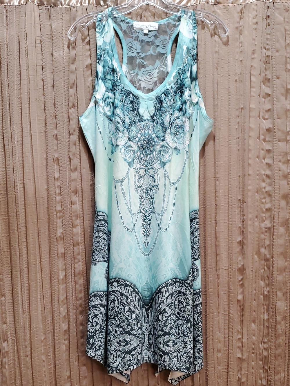 Aqua Embellished Lace-Back Racerback Tank Sleeveless Dress Women Large